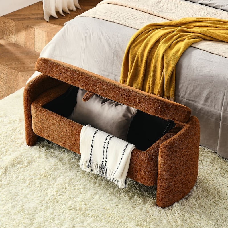 Oval Ottoman Storage Bench Chenille Fabric Bench with Large Storage Space