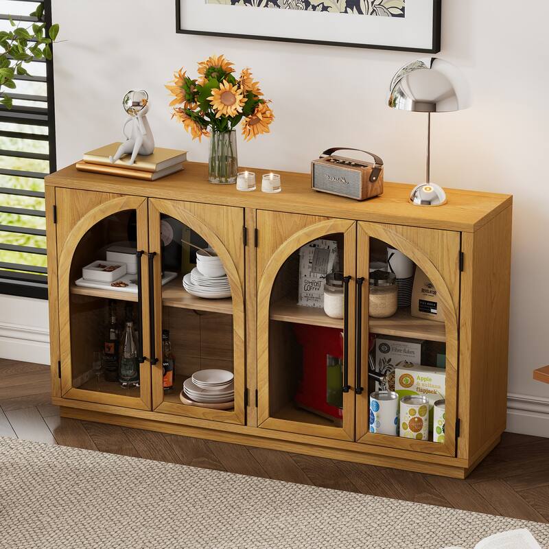4-Door Large Storage Sideboard Buffet Cabinet with Glass Doors, Cabinet with Adjustable Shelves for Kitchen and Living Room