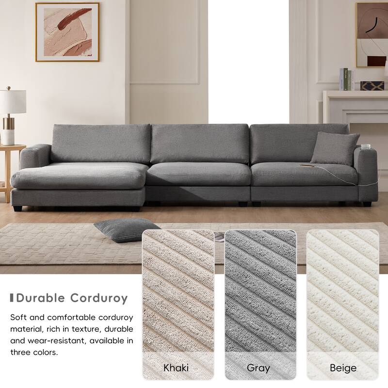 134" Corduroy Sectional Sofa with L-Shaped Cloud Couch and USB Charging & 50" Chaise (330lb Capacity)