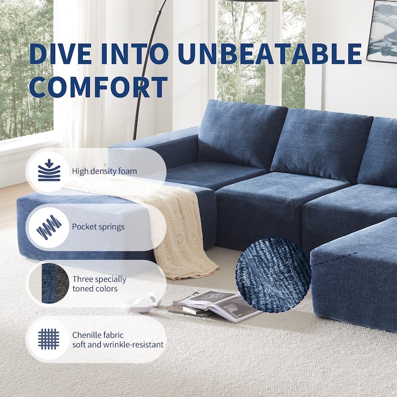 Modular U-Shaped Sectional Sofa with 2 Ottomans, Chenille Cloud Floor Couch, Fully Compressed Upholstered Sofa