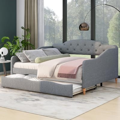 Vintage Linen Upholstery Daybed with Trundle and Button Tufted Backrest,Full Size
