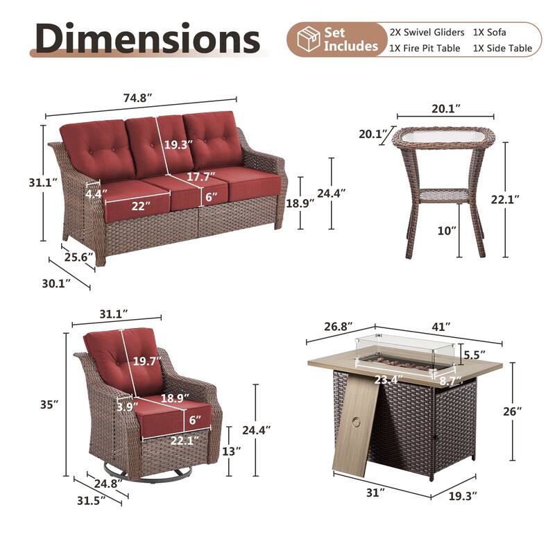 Artisan Brown Wicker Patio Fire Pit Conversation Set with 3-Seat Sofa & Swivel Gliders