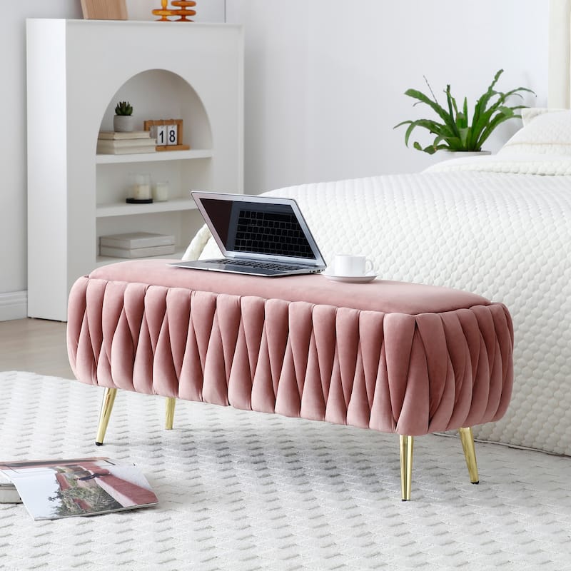Oval Storage Bench with Gold Legs,Velvet Fabric Upholstered Ottoman Storage Benches for Bedroom End of Bed,Sherpa Fabric Bench - Dark Pink