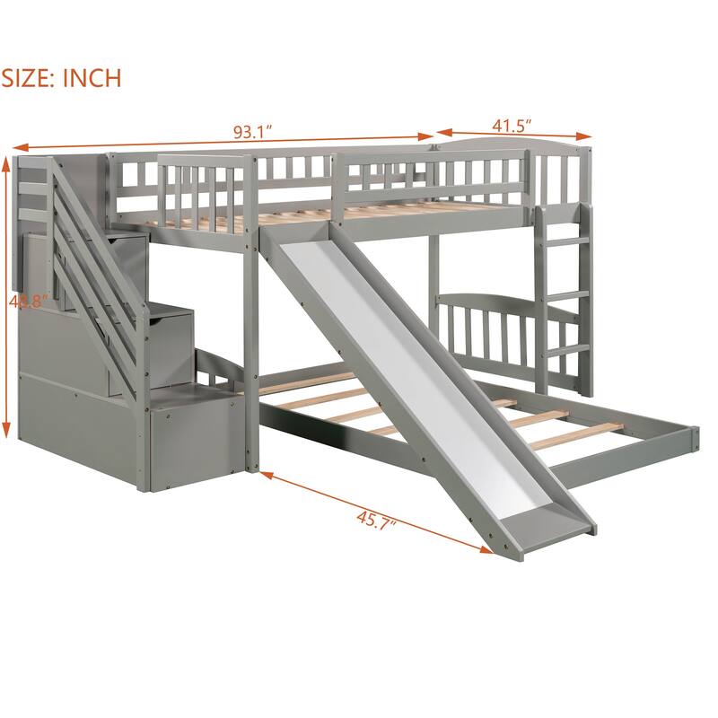 Roomfitters Stairway Twin Over Twin Bunk Bed with Slide and Storage Drawers, Grey