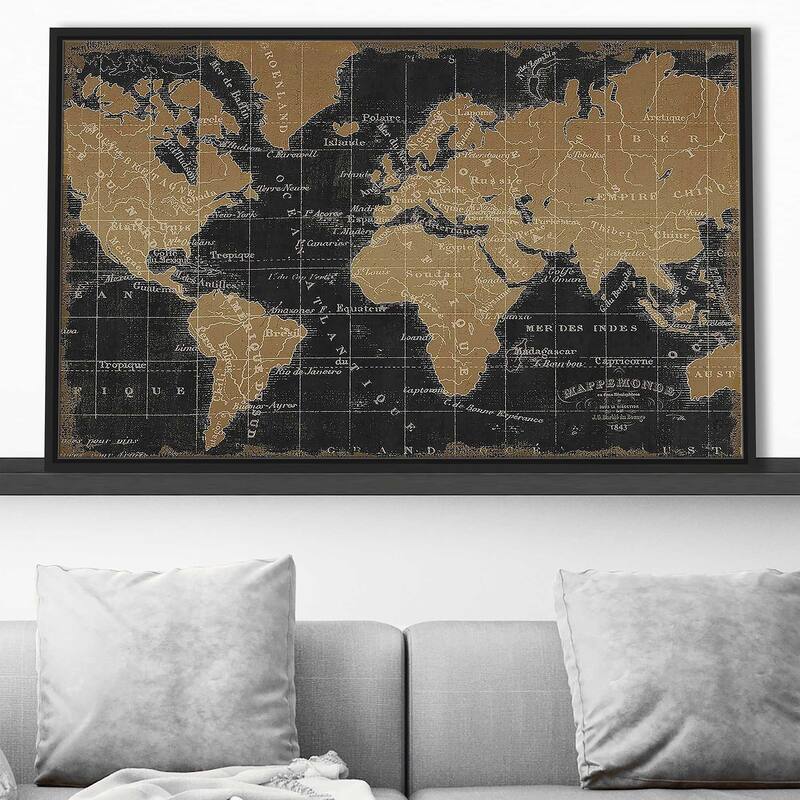 "Mappemonde Borderless Black Gold" Print on Floating Canvas