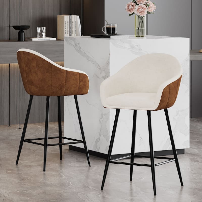 Set of 2 Modern Brown Upholstered Bar Stools, 26.5" Counter Height with Durable Metal Legs