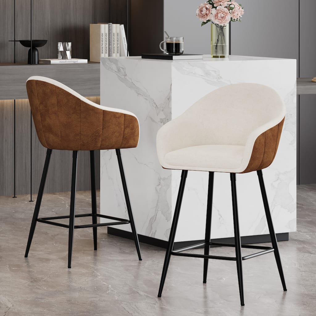 Set of 2 Modern Brown Upholstered Bar Stools, 26.5" Counter Height with Durable Metal Legs