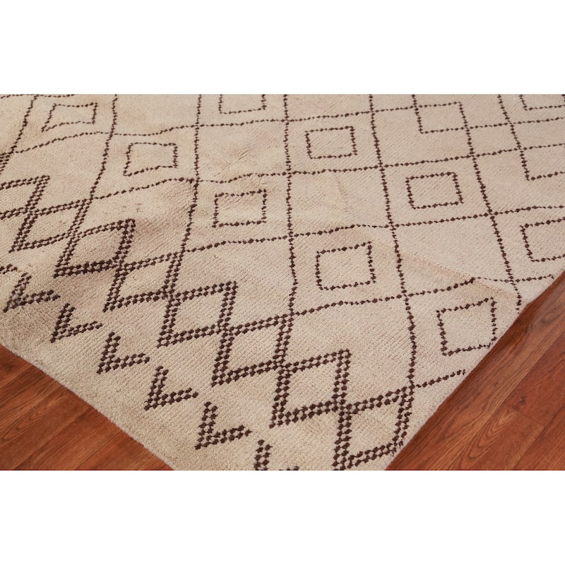 Hand Knotted Oriental 100% Wool Carpet Modern Geometric Beige & Ivories Moroccan Area Rug - 8' 0'' X 5' 0''