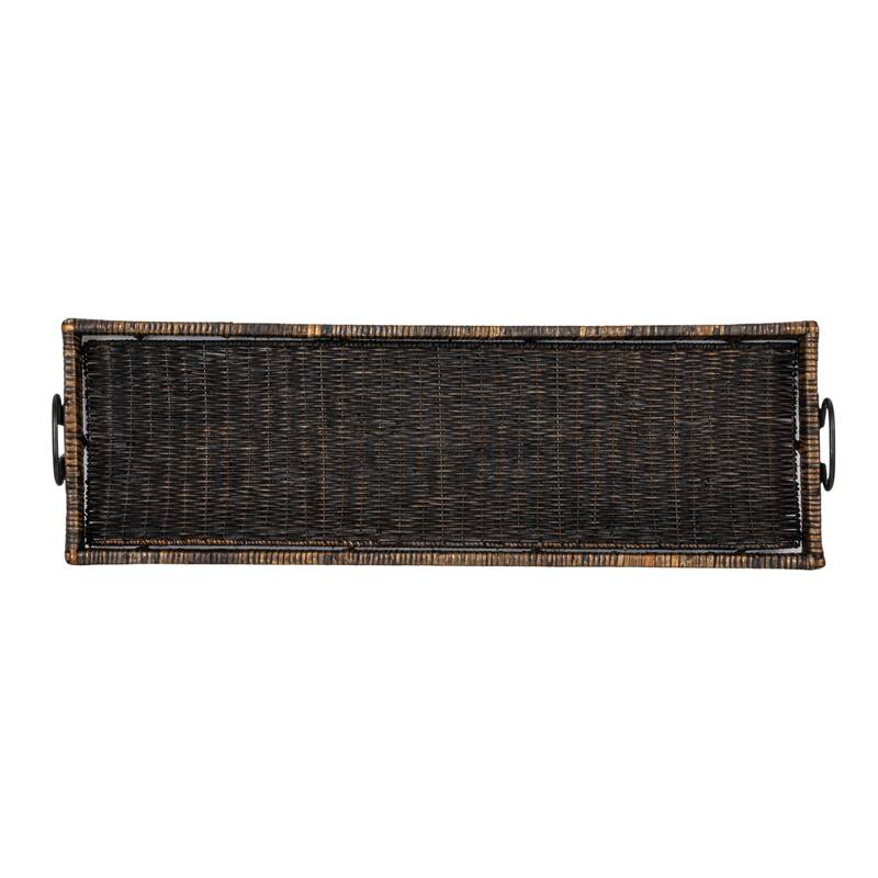 Black Rattan & Wood Tray with Handles