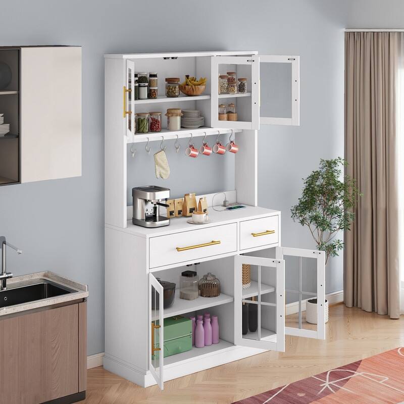 71" Tall Kitchen Pantry Hutch Storage Cabinet with Power Outlet,Freestanding Cupboard Storage Buffet with Drawers & Glass Doors
