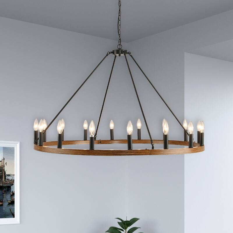 16-Light Black Wagon Wheel Chandelier Farmhouse Chandelier Diam 43-inch Large Round Pendant Light Fixture - Black&Walnut