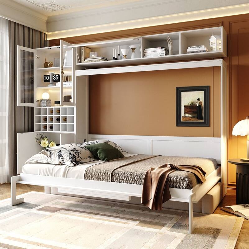 Full/Queen Size Murphy Wall Bed with Sofa, Light and USB Ports, Space Saving Foldable Murphy Cabinet Bed w/ Wine Rack & Shelves - White - Queen