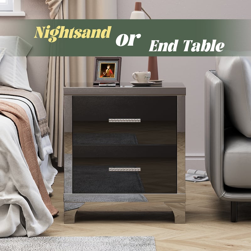 High Gloss Mirrored Nightstand with 2 Drawers,Modern End Table with Drawers,Mirrored High Gloss Wood Nightstand Metal Handle