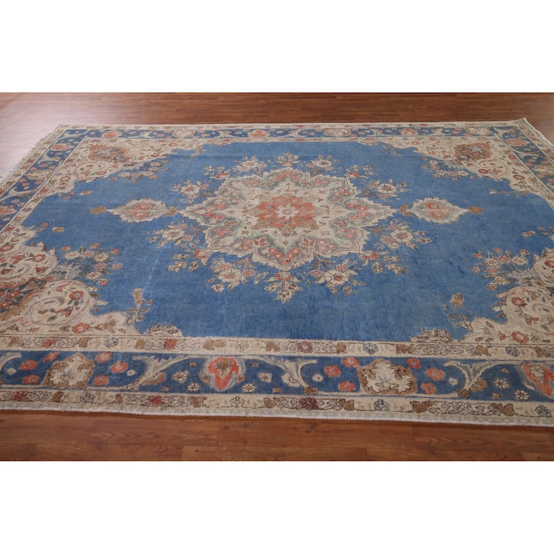 Tabriz Vintage Persian Rug Hand-Knotted Blue Wool Carpet - 8'4" x 11'3"
