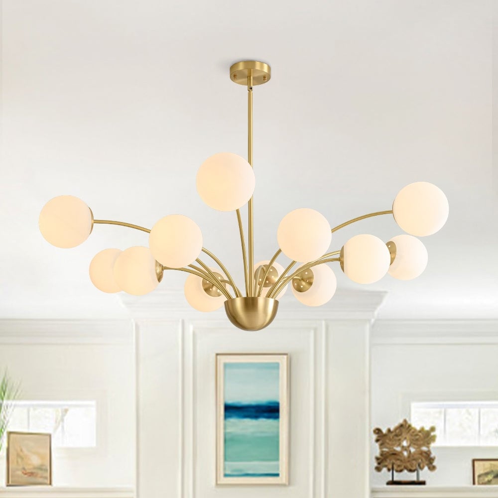Modern 12-Light Sputnik Chandelier Branch Matte White Glass Globe Living Dining