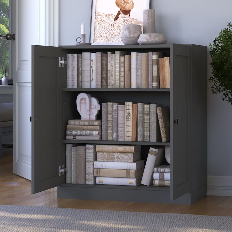 Palace Imports 100% Solid Wood 3-Shelf Bookcase with Shaker Doors and Adjustable Shelves - Gray