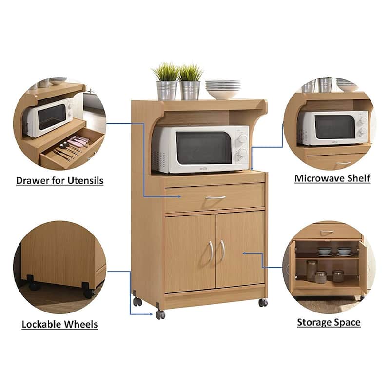 Hodedah HIK72 Microwave Kitchen Cart with Wheels Storage Shelf Cabinet, Gray - 60
