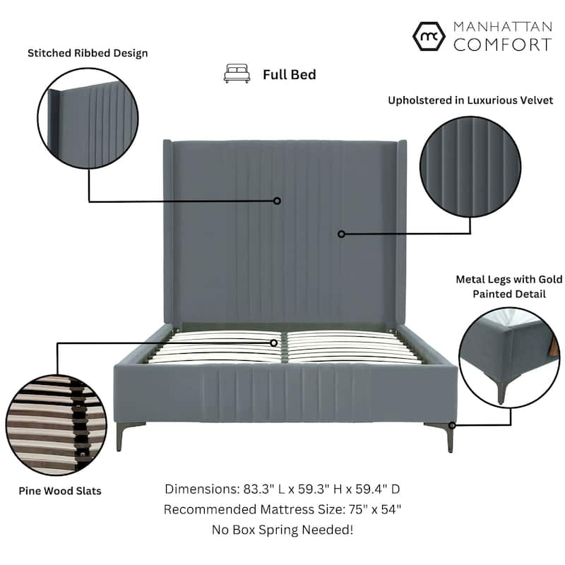 Manhattan Comfort Promenade Mid-Century Modern Velvet Upholstered Bed