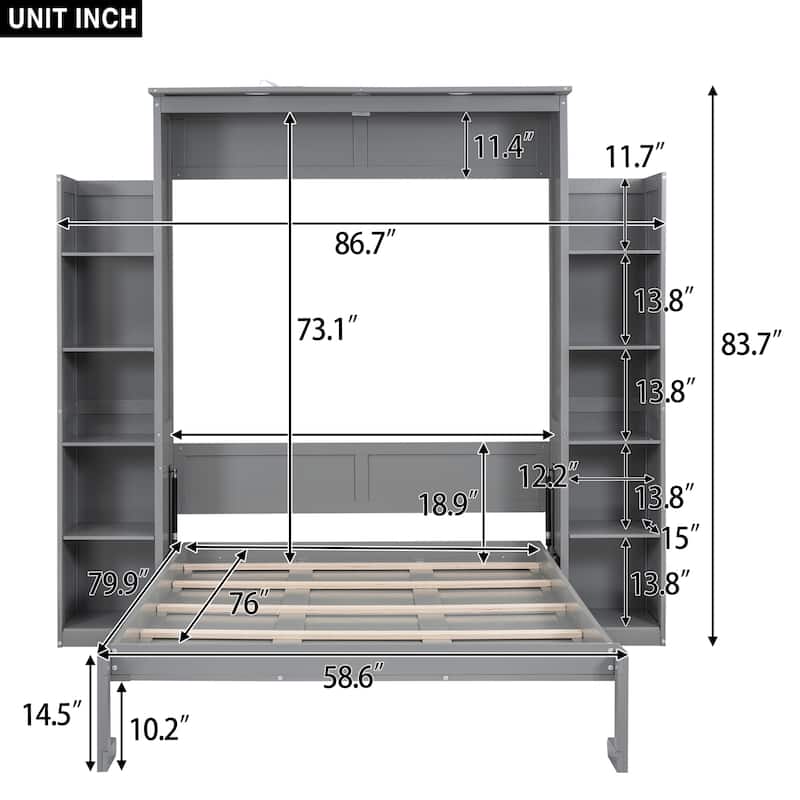 Full/Queen Murphy Wall Bed with Shelves & LED, Dual-Piston, 8 in Mattress, 600 lb Capacity, Space-Saving