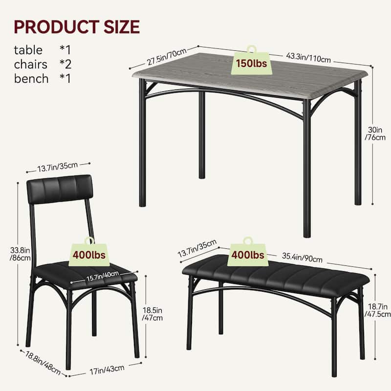 Dining Table Set for 4, Kitchen Table Set for 4 with Upholstered Bench and 2 Chairs