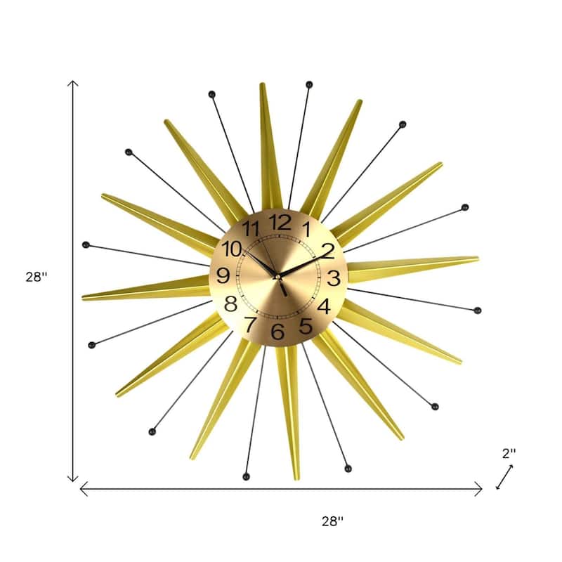 HomeRoots 28" Gold And Black Metal Silent Analog Starburst Wall Clock - 28.00 in. x 28.00 in. x 2.00 in.