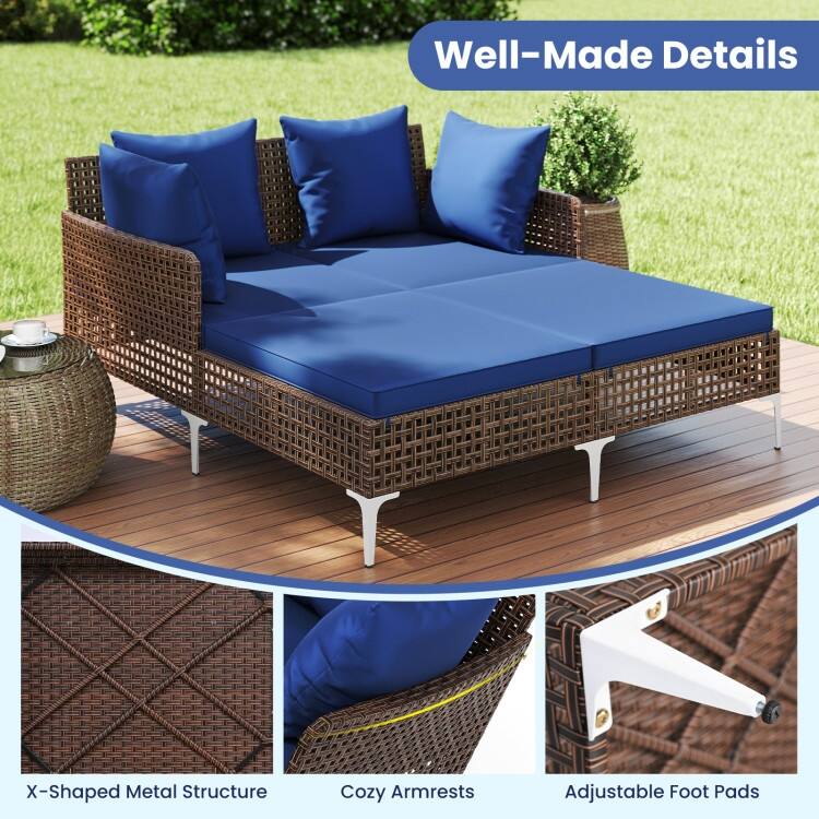 Mix Brown Rattan Day Bed with Cushions Outdoor Lounger - 60" x 52.5" x 27.5"