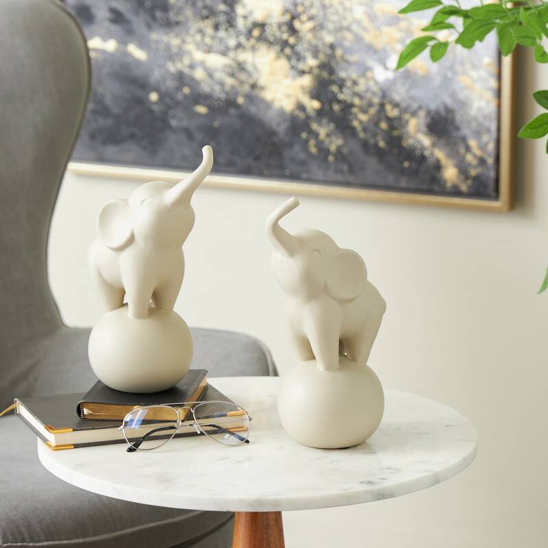 White Ceramic Trumpeting Elephant Decorative Sculpture with Round Base (Set of 2) - White