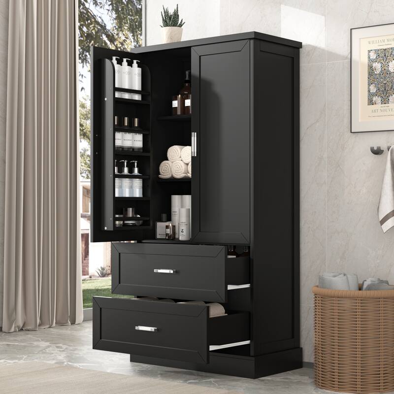 Tall Bathroom Storage Cabinet with Two Doors and Drawers, Adjustable Shelf, MDF Board - Black