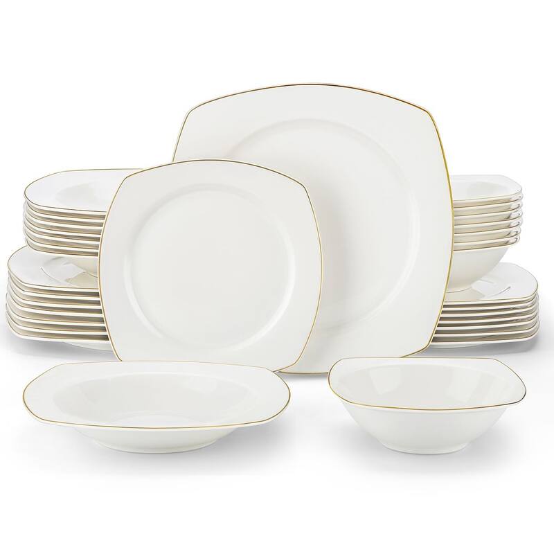 MALACASA 32-Piece New Bone China Dinnerware Set, Service for 8 - Squircle - Gold Trim - 32 Piece