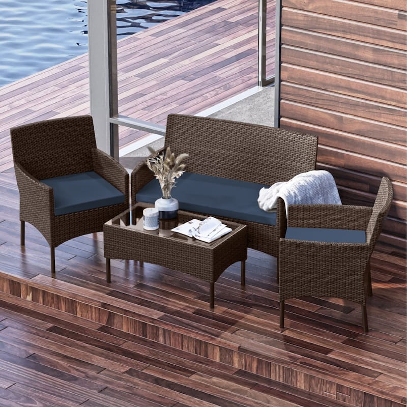 Nestl 4 Piece Wicker Patio Furniture Set - Outside Patio Conversation Set - Brown Wicker / Navy Blue Cushions