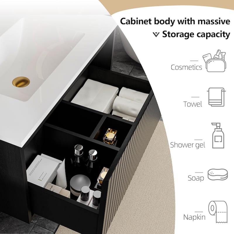 30 Inch Wall Mounted Bathroom Vanity with Ceramic Sink, Floating Cabinet with Drawers, Modern Fluted Design