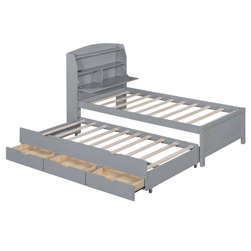 Twin Size Wooden LED Platform Bed with Trundle & Storage Headboard with Drawers, Espresso