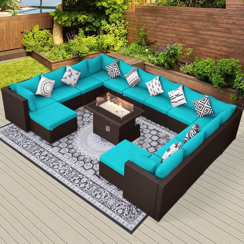 FINCATI Outdoor Wicker Patio Furniture Conversation Sectional Sofa Set - 15 PCS - Teal