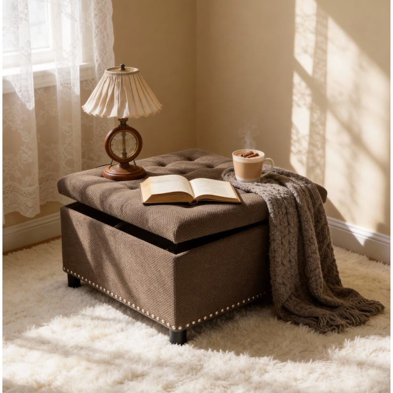 Square Tufted Upholstered Storage Ottoman with Nailhead Trim - Coffee