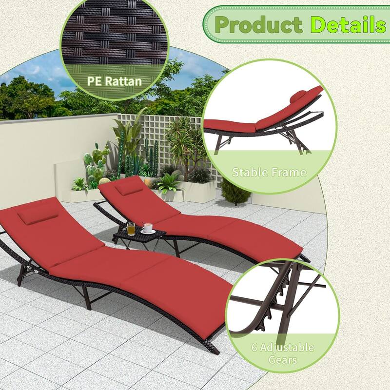 3-Pieces Wicker Outdoor Chaise Lounge Set w/ Two Foldable Lounge Chairs and one Side Table
