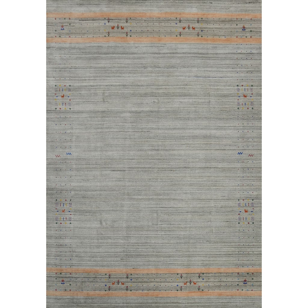 Hand Knotted Oriental 100% Wool Carpet Tribal Animal Pictorial Greys & Charcoal Gabbeh Area Rug - 12' 5'' X 9' 4''