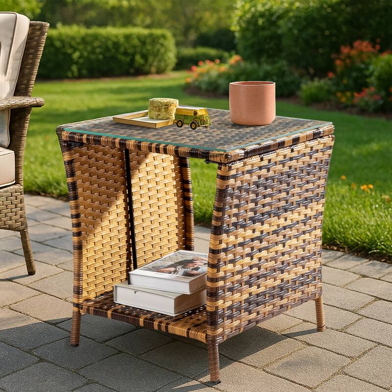 Yellow Gradient Rattan Side Table with Tempered Glass Top - 18.11 x 18.11 x 19.49