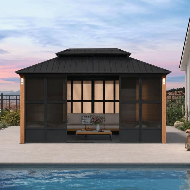 PURPLE LEAF Double Top Outdoor Sunroom Screen House Patio Hardtop Gazebo