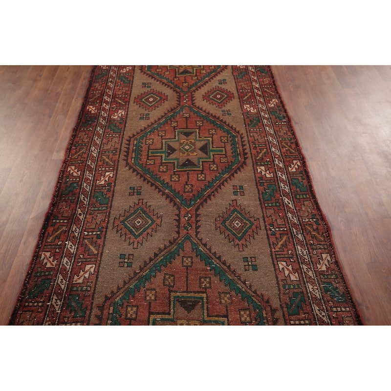 Brown Ardebil Persian Vintage Runner Rug Handmade Wool Carpet - 3'10" x 13'10"