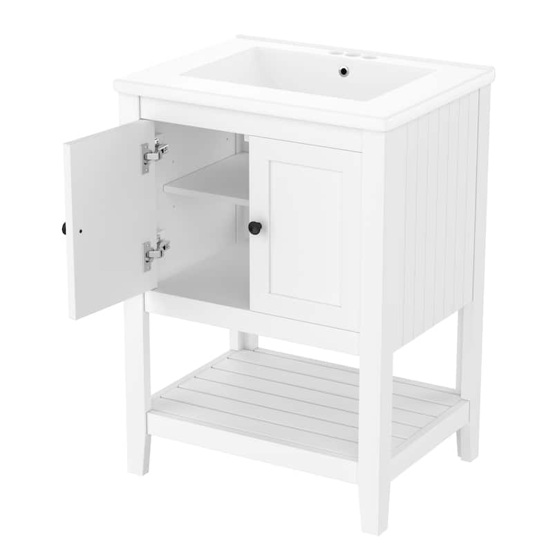 Anmytek White Modern Bathroom Vanity Ceramic Sink with Shelf