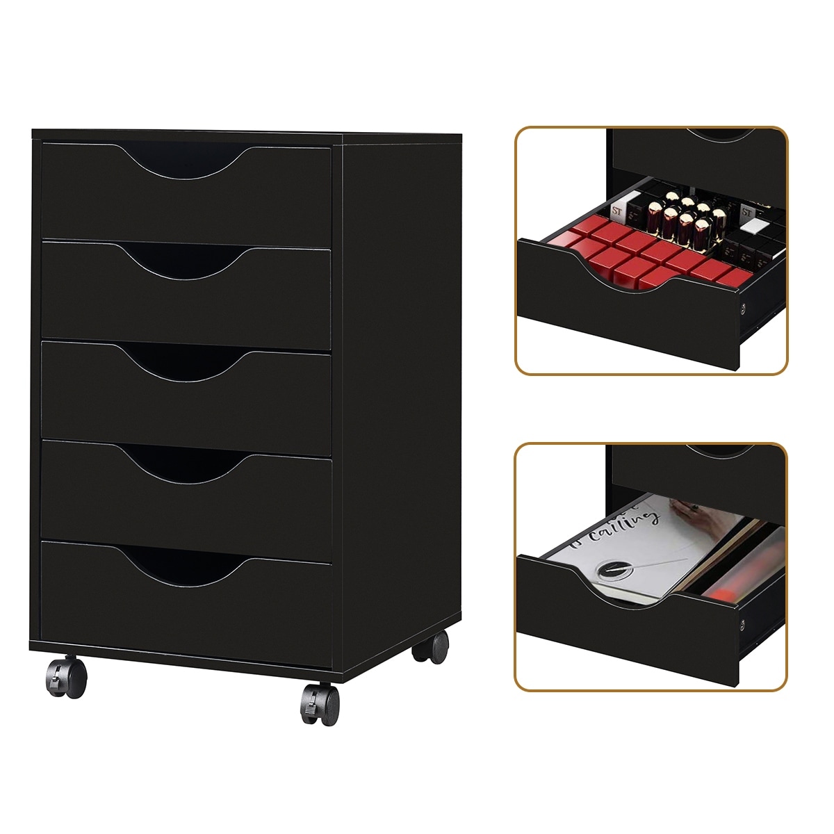 Wood Filing Storage Cart Organizer with Lockable Casters for Home and Office Black SUPER DEAL 5 Drawer Mobile Cabinet