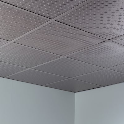 FASÄDE Diamond Plate Revealed Edge Decorative Vinyl 2ft x 2ft Lay in Ceiling Panel in Argent Silver (5 Pack)