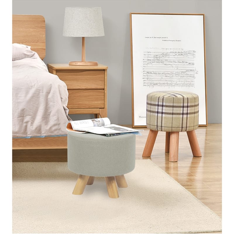Adeco Modern Round Ottoman Home Footrest Stool/ Linen Fabric Seat Pouf - Beige