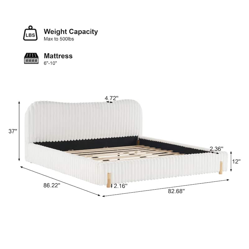 Sleek White Boucle Upholstered Bed, Solid Rubberwood Platform Bed Frame with Wavy Headboard and Vertical Stitching