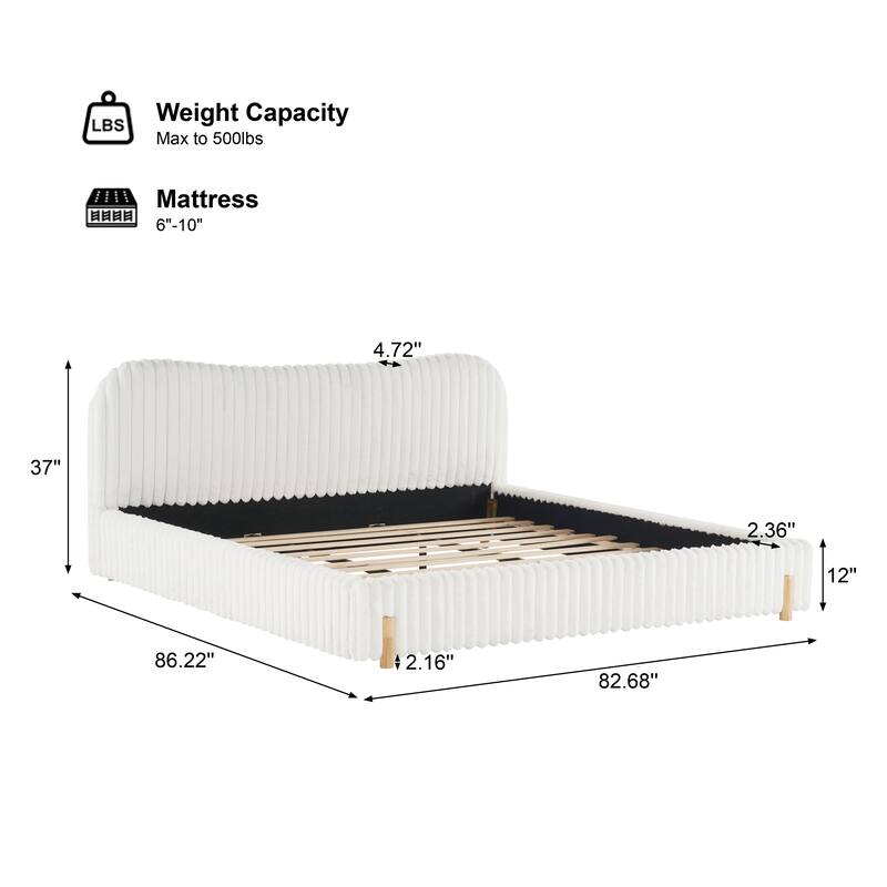 Sleek White Boucle Upholstered Bed with Wavy Headboard & Vertical Stitching, King