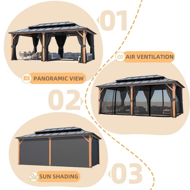 Erommy Premium Wood Gazebo with Double Hardtop Roof, Durable, Elegant Outdoor Pergola for Backyard & Patio