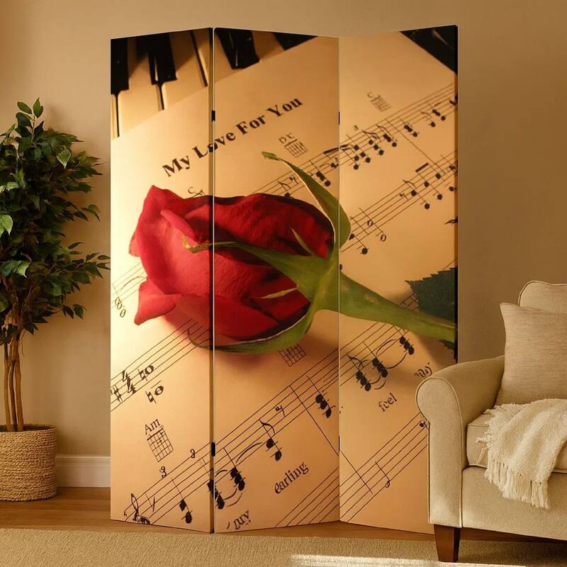 Liva 71 Inch Modern Folding Screen Room Divider, Rose and Sheet Music