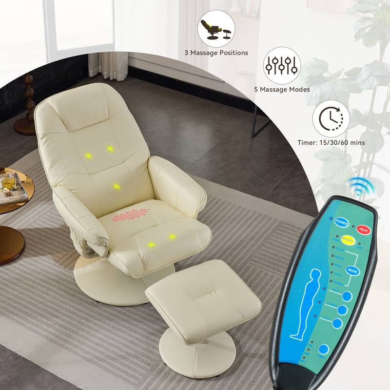 Massage Recliner Chair, 360° Swivel PU Leather Reclining Chair with Wrapped Base, Seat Heating and 140° Adjustable Backrest