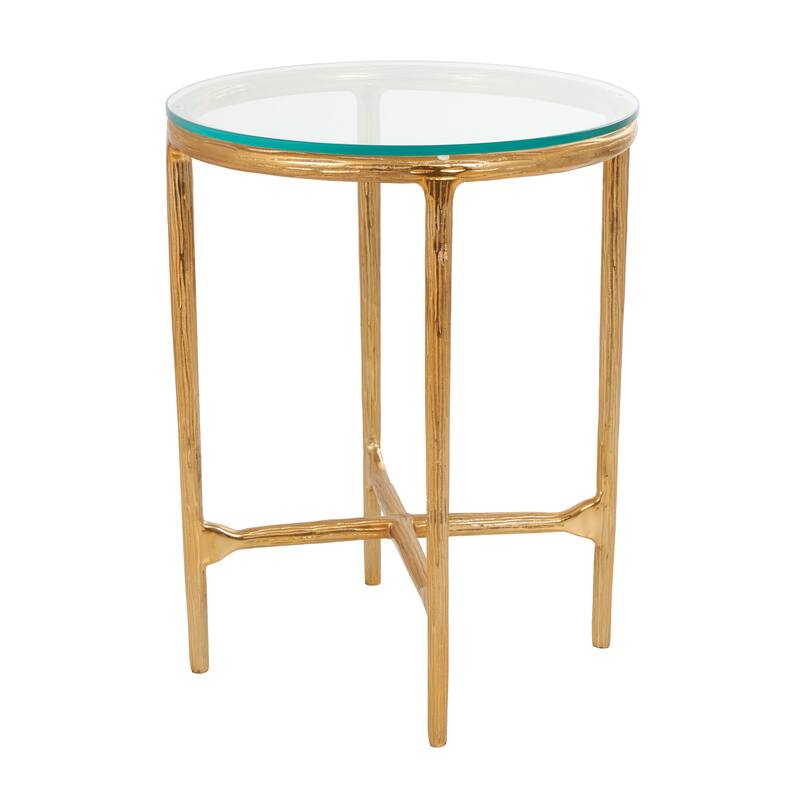 Gold or Silver Aluminum Metal Textured Accent Table with Glass Tabletop