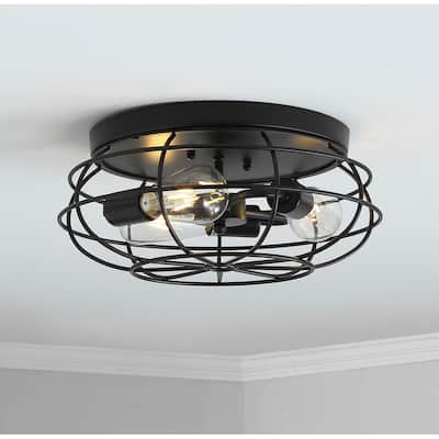 Industrial Black 3-Light Caged Shape Flush Mount Lamp